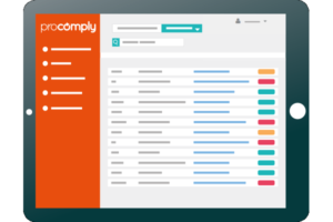 A graphical, colourful screenshot representing a list of properties and compliance scores on a cloud based system ProComply